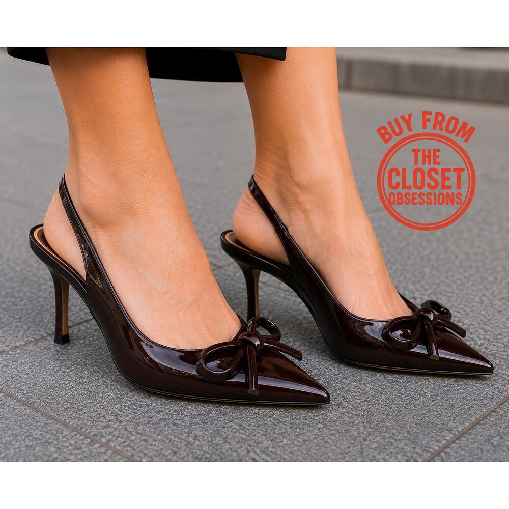 ZARA Brown Patent Slingback Heels Pointed Toe Bow Pumps NWT